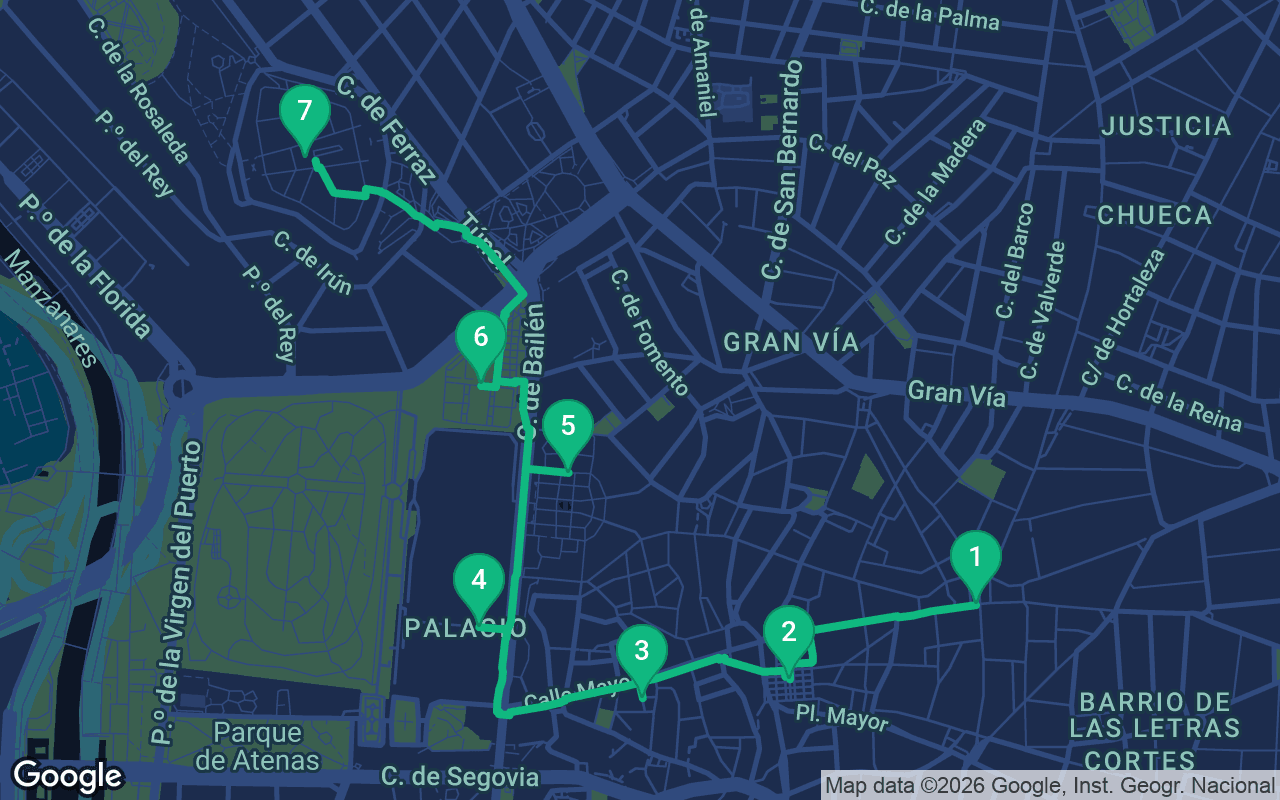 Map of the walking route through Madrid, Spain