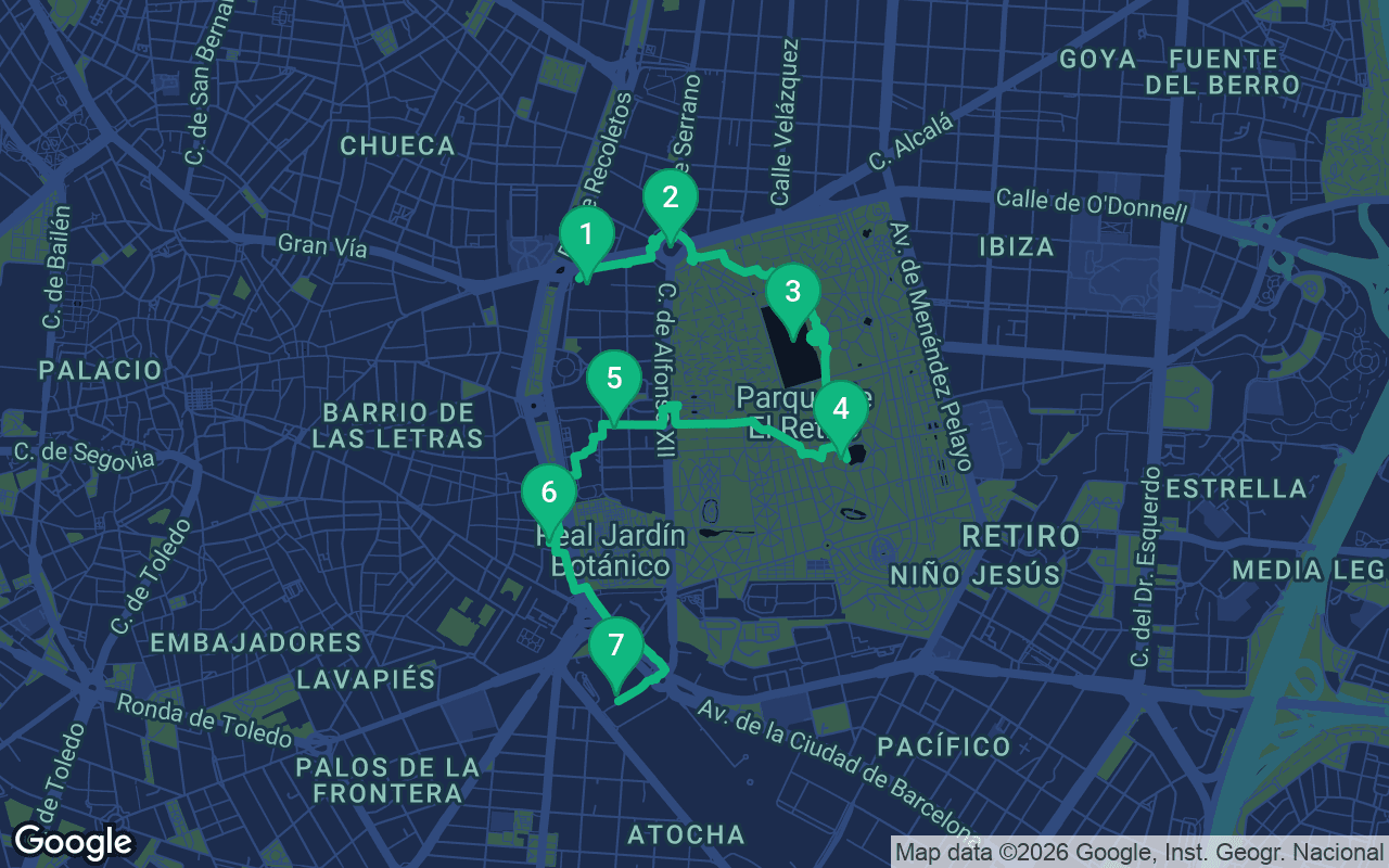 Map of the walking route through Madrid, Spain