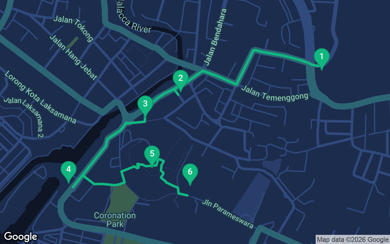 Map of the walking route through Malacca, Malaysia