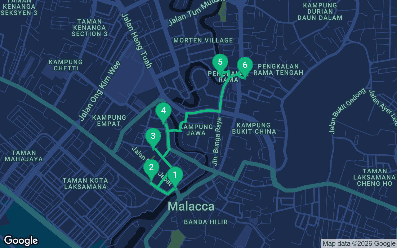 Map of the walking route through Malacca, Malaysia