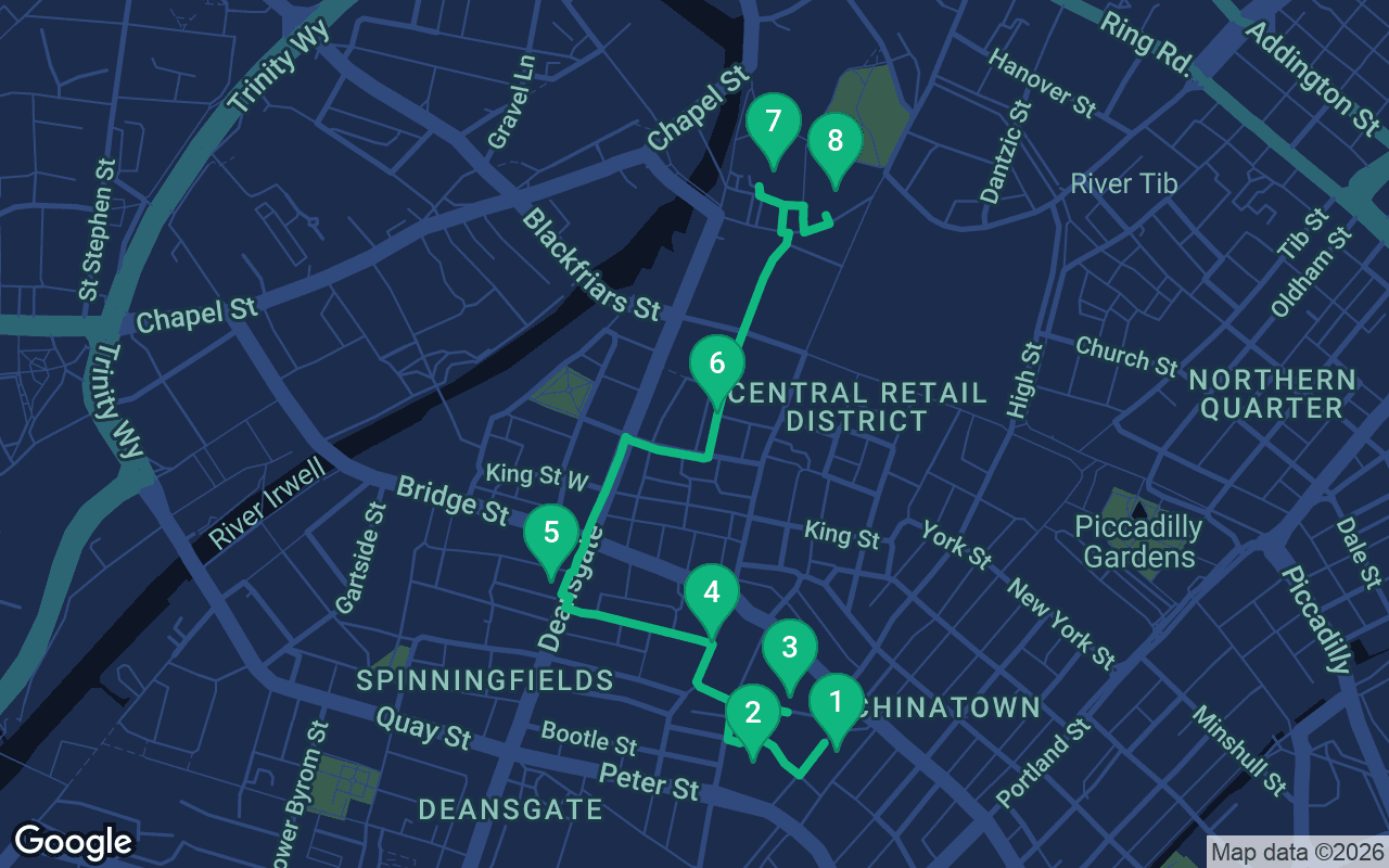 Map of the walking route through Manchester, United Kingdom