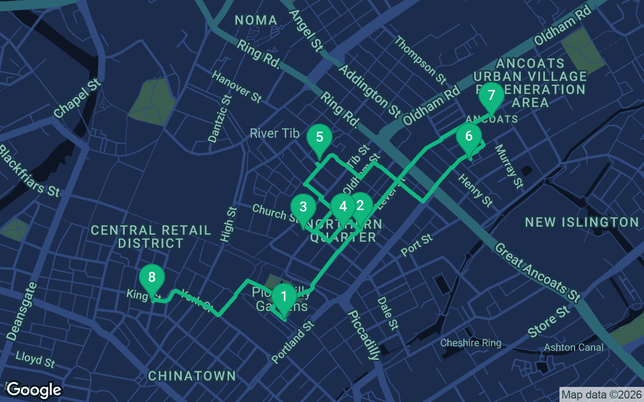 Map of the walking route through Manchester, United Kingdom