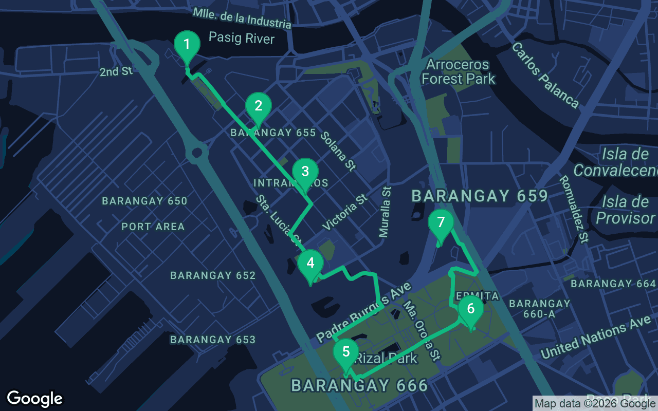 Mapa de la ruta del paseo por Manila, Philippines