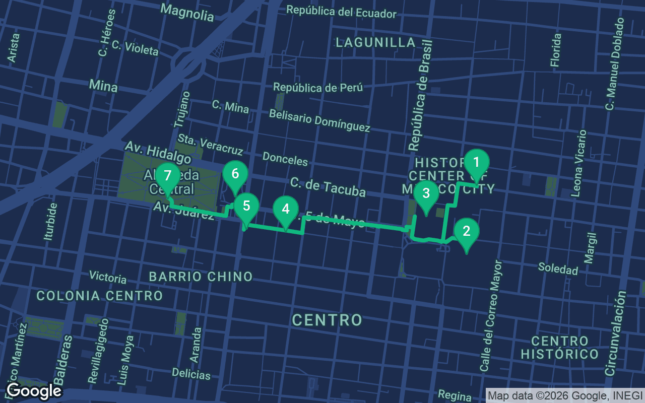 Mapa de la ruta del paseo por Mexico City, Mexico