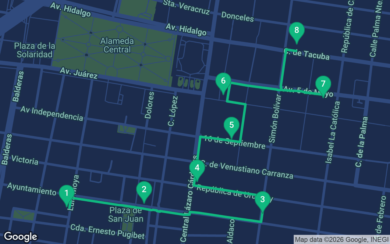 Map of the walking route through Mexico City, Mexico
