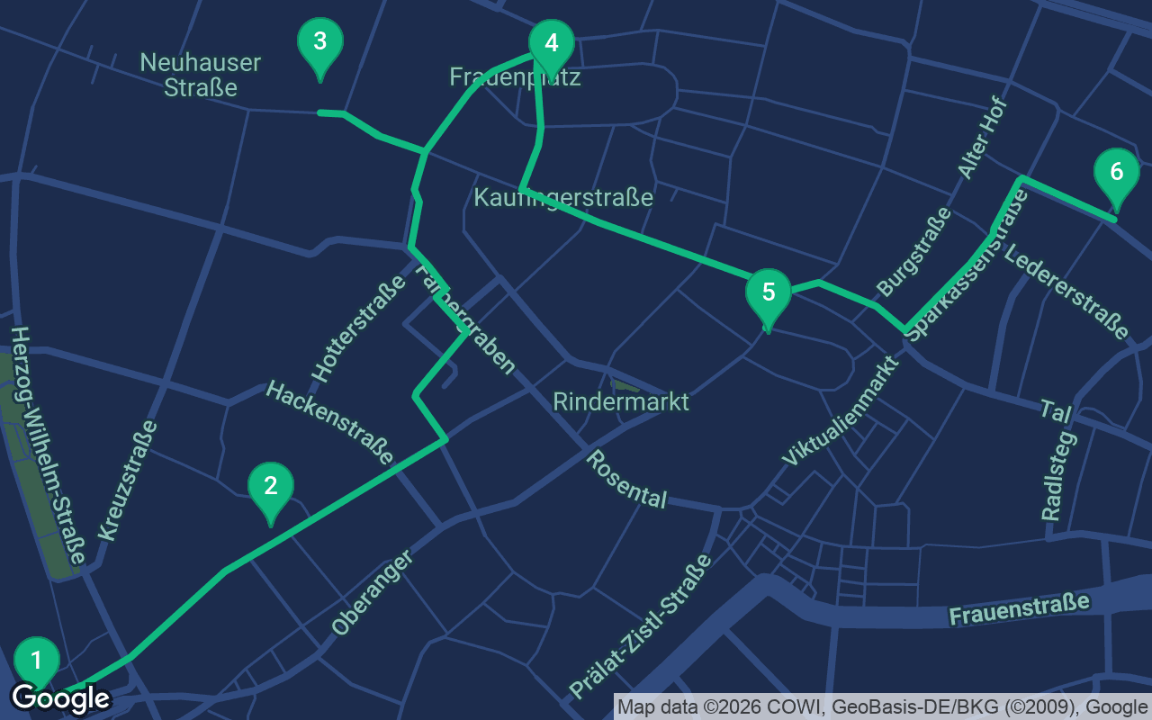 Map of the walking route through Munich, Germany