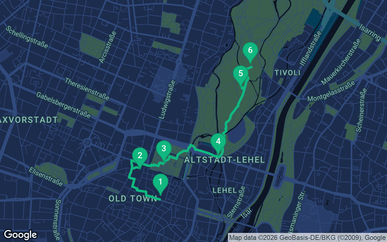Map of the walking route through Munich, Germany