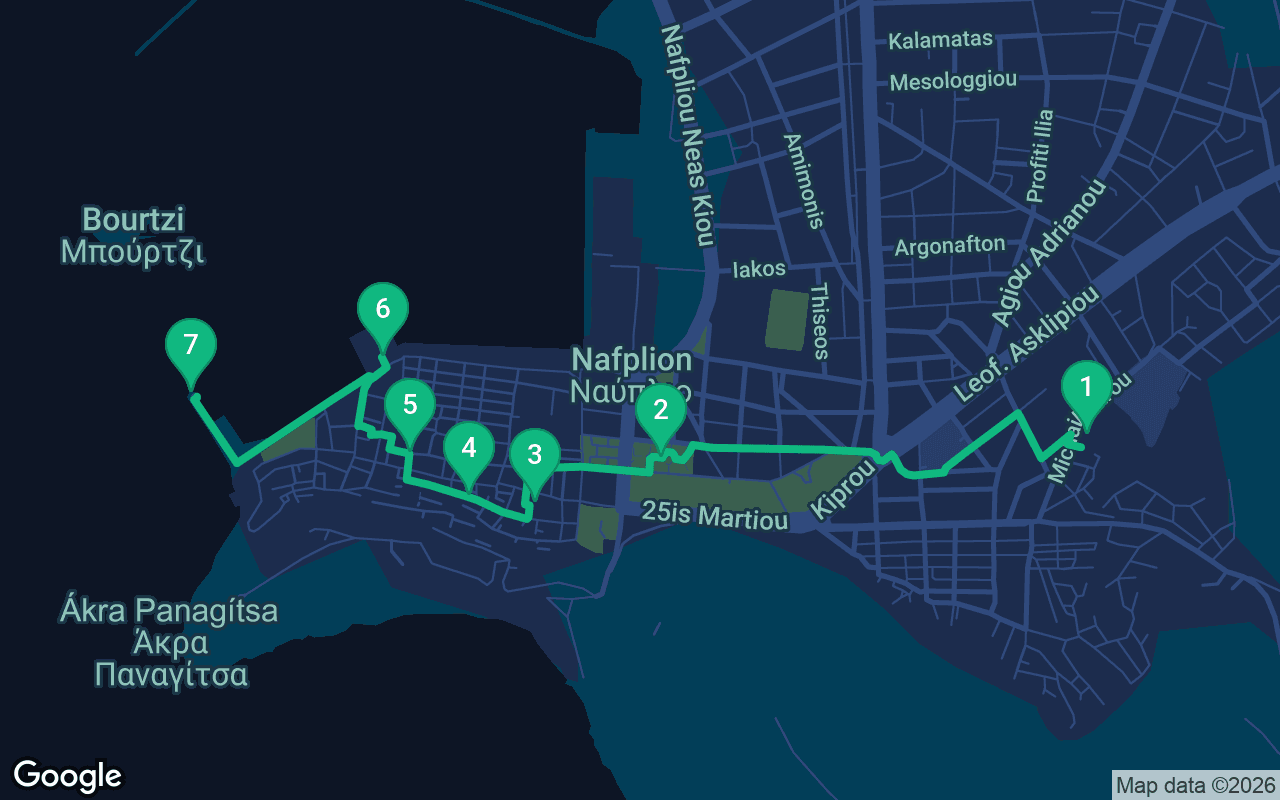 Karte der Spazierroute durch Nafplio, Greece