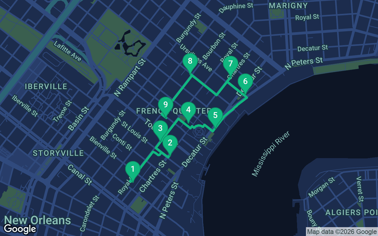 Map of the walking route through New Orleans, United States