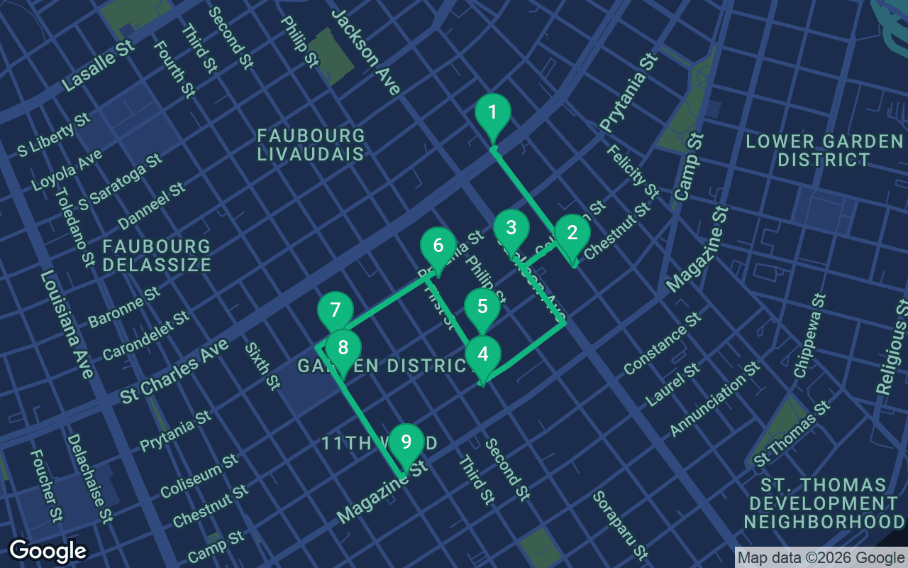 Map of the walking route through New Orleans, United States