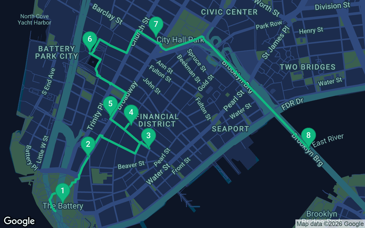 Map of the walking route through New York City, United States