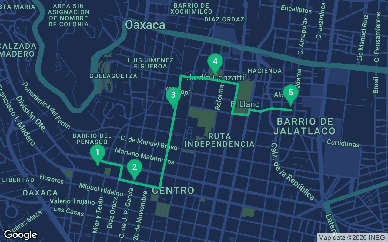 Map of the walking route through Oaxaca, Mexico