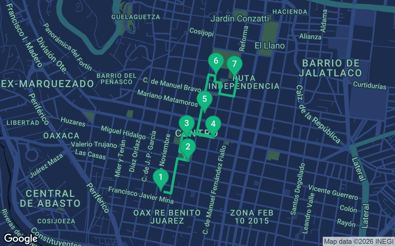 Map of the walking route through Oaxaca, Mexico