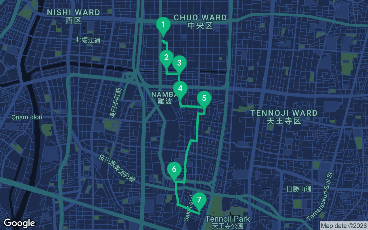 Map of the walking route through Osaka, Japan