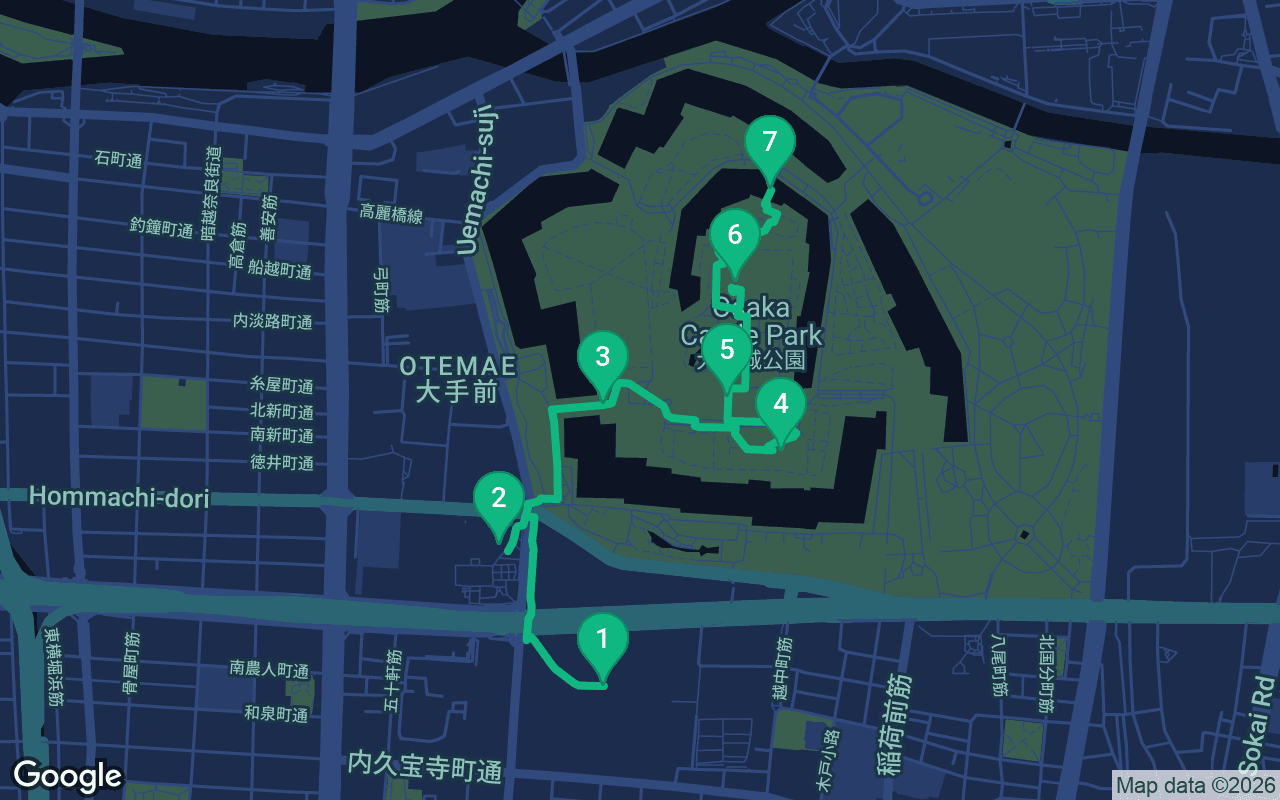 Map of the walking route through Osaka, Japan
