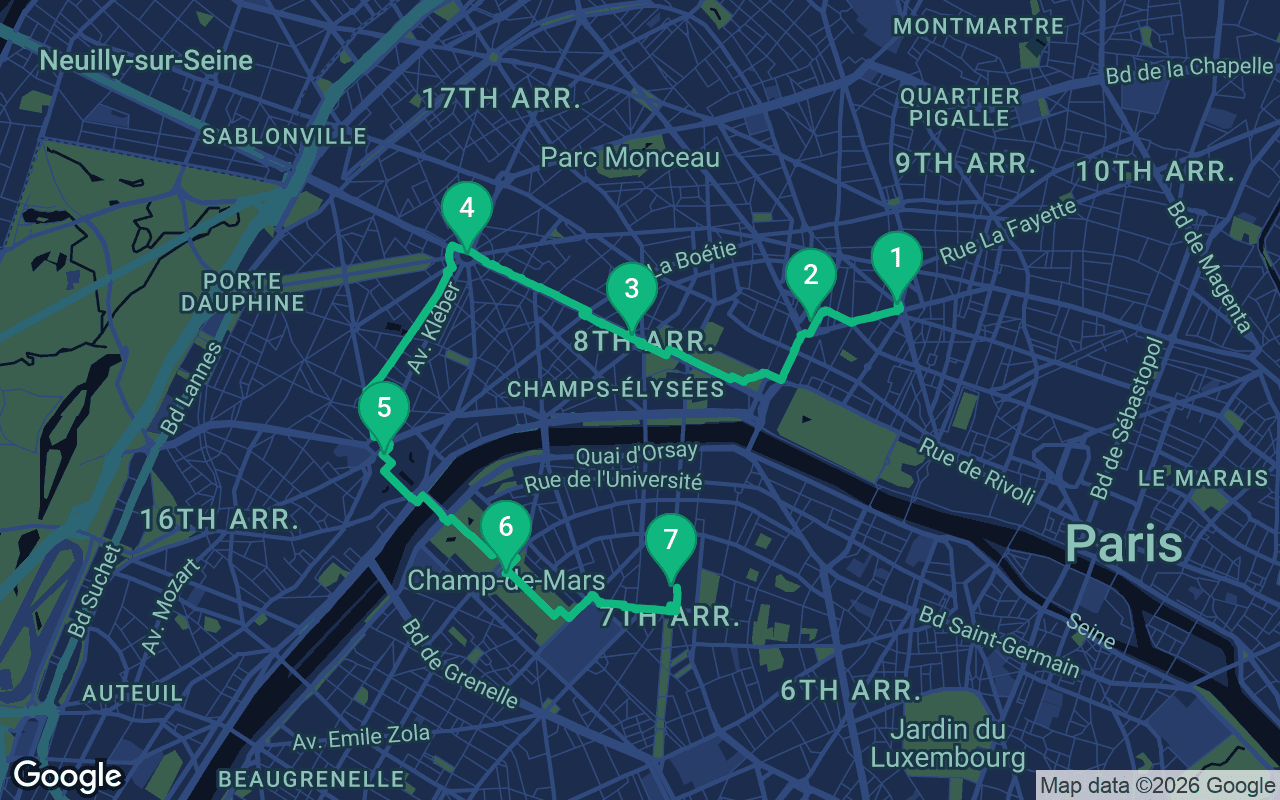 Map of the walking route through Paris, France