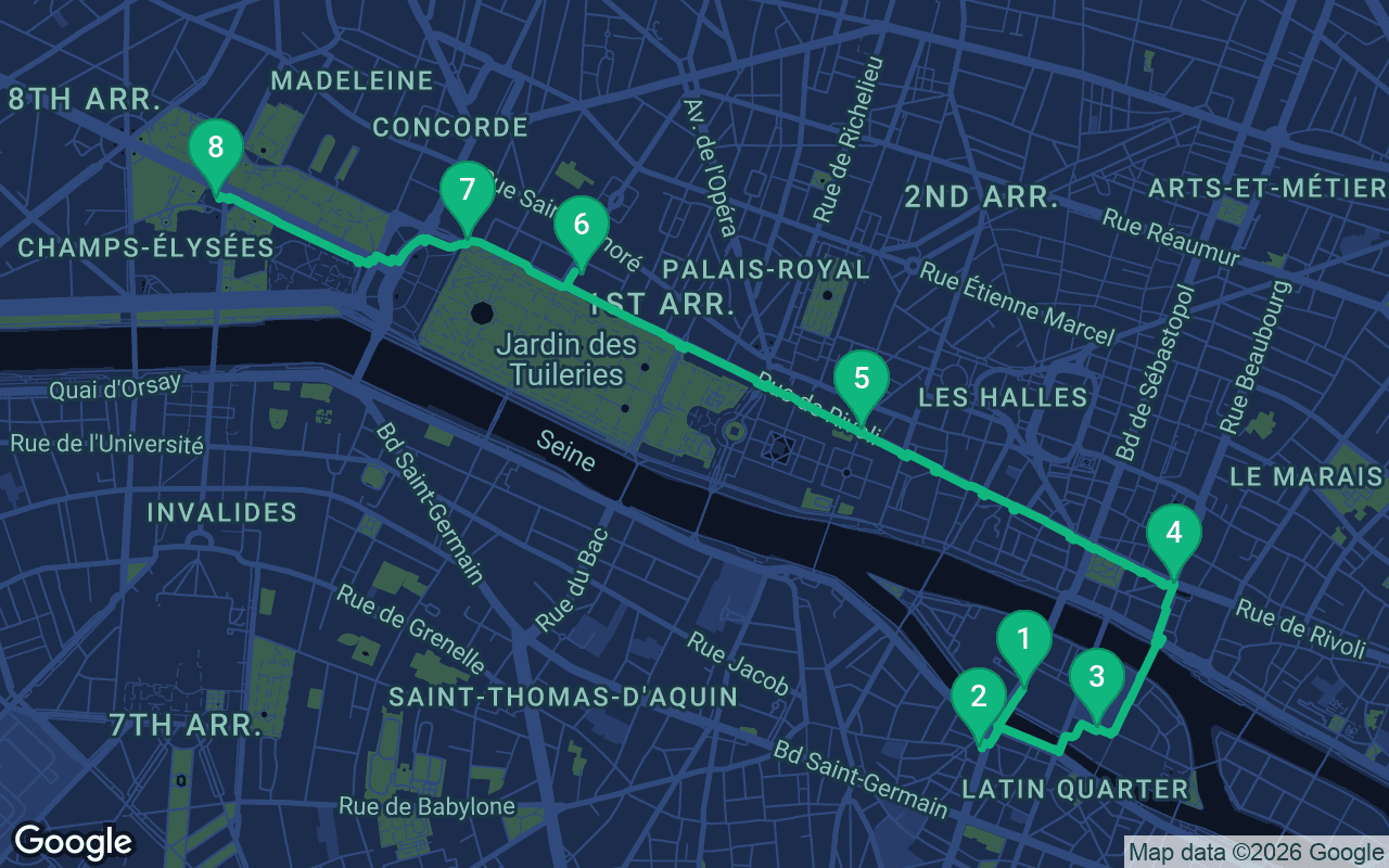Map of the walking route through Paris, France