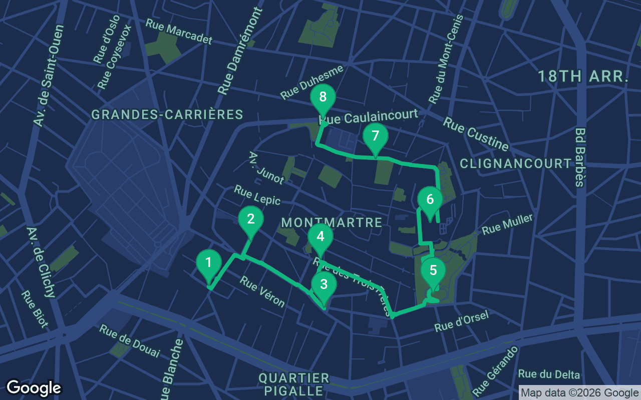 Map of the walking route through Paris, France