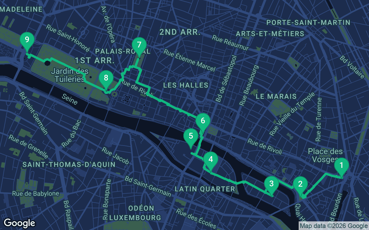 Map of the walking route through Paris, France