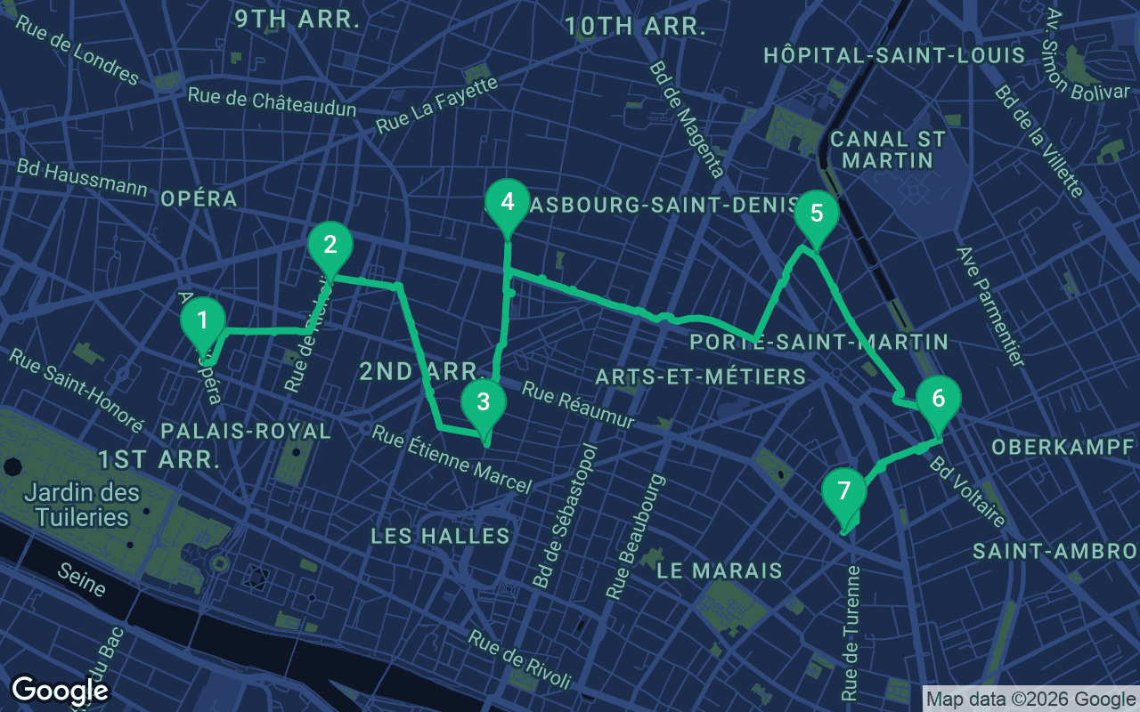 Map of the walking route through Paris, France