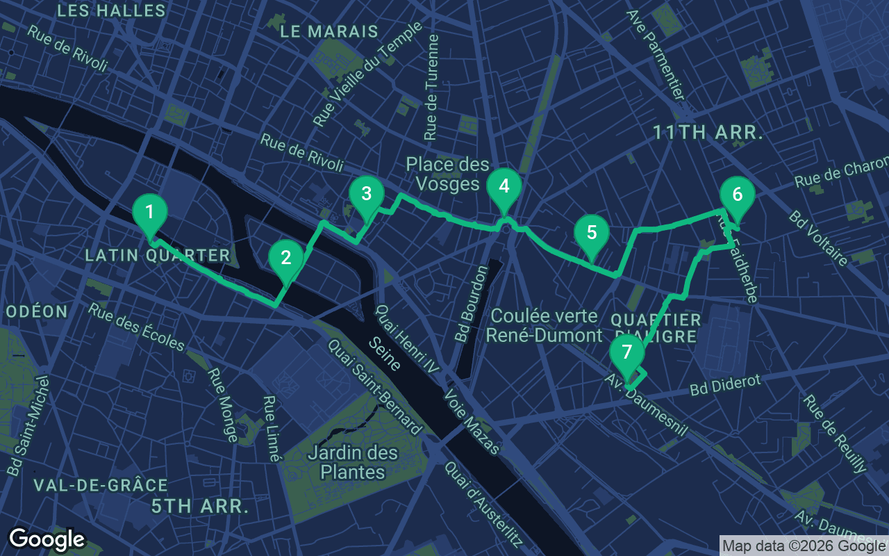 Map of the walking route through Paris, France