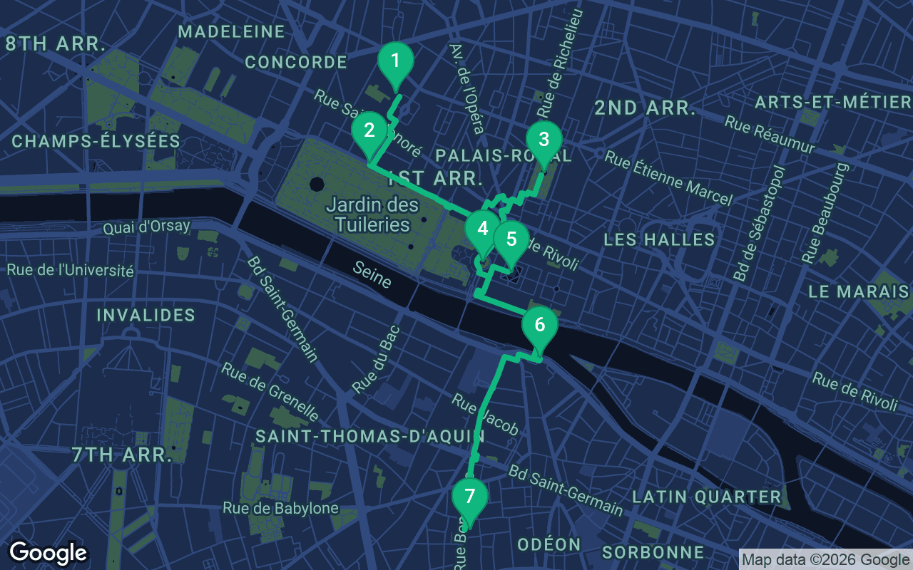 Map of the walking route through Paris, France