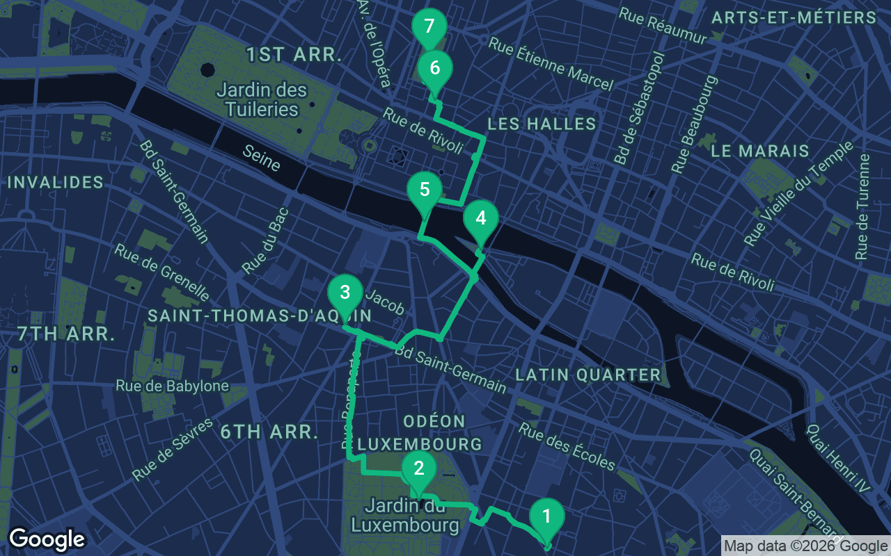 Map of the walking route through Paris, France