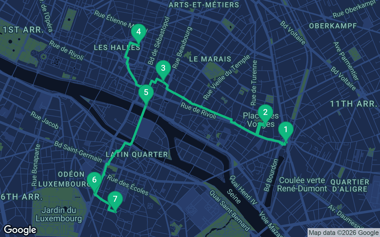 Map of the walking route through Paris, France