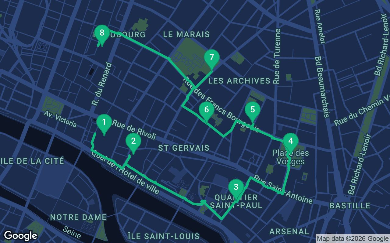 Map of the walking route through Paris, France