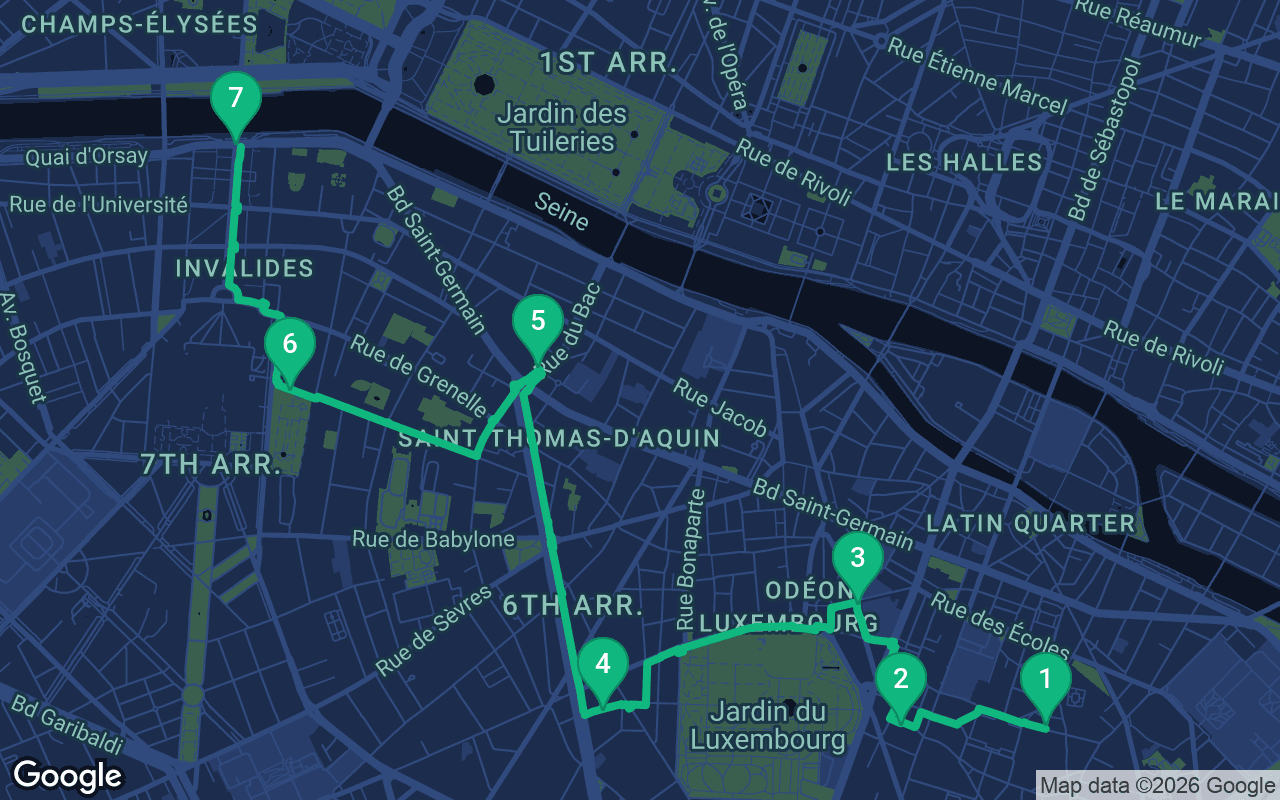 Map of the walking route through Paris, France