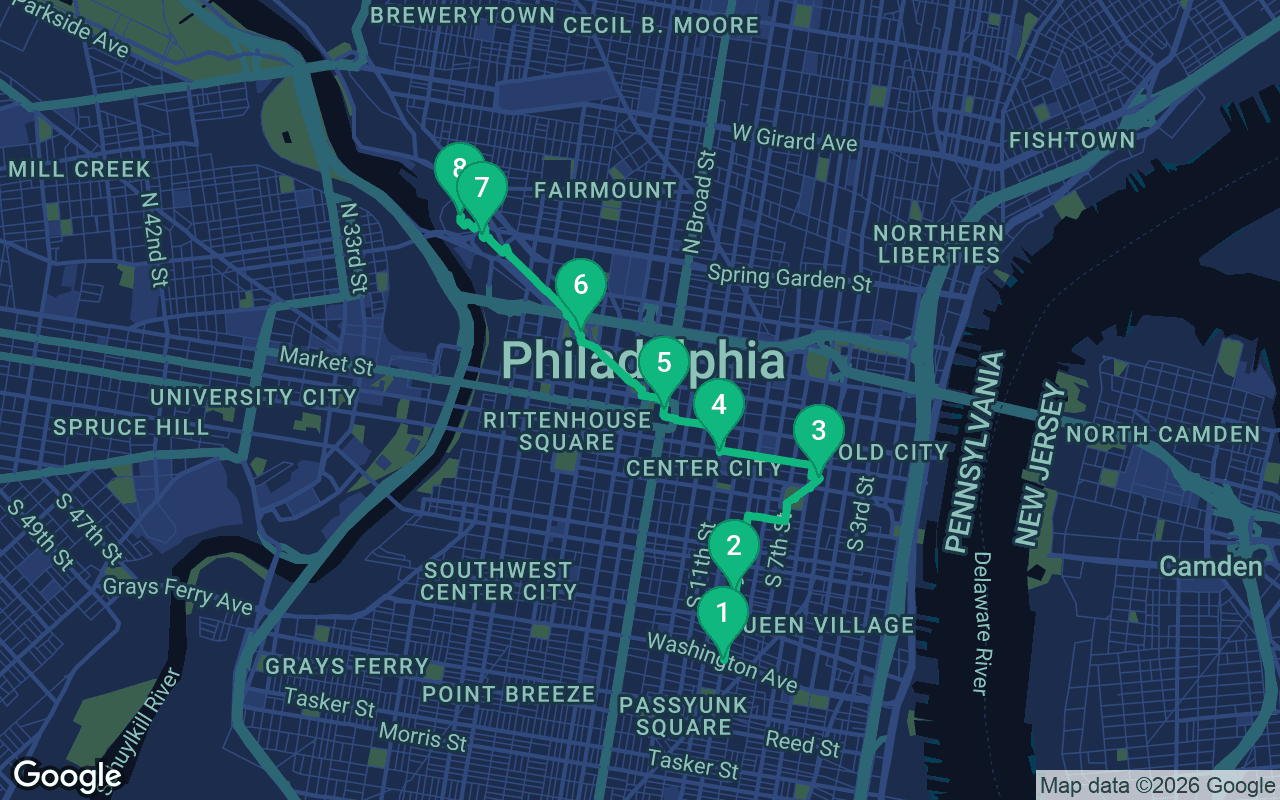 Map of the walking route through Philadelphia, United States