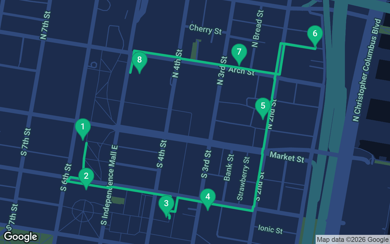 Map of the walking route through Philadelphia, United States