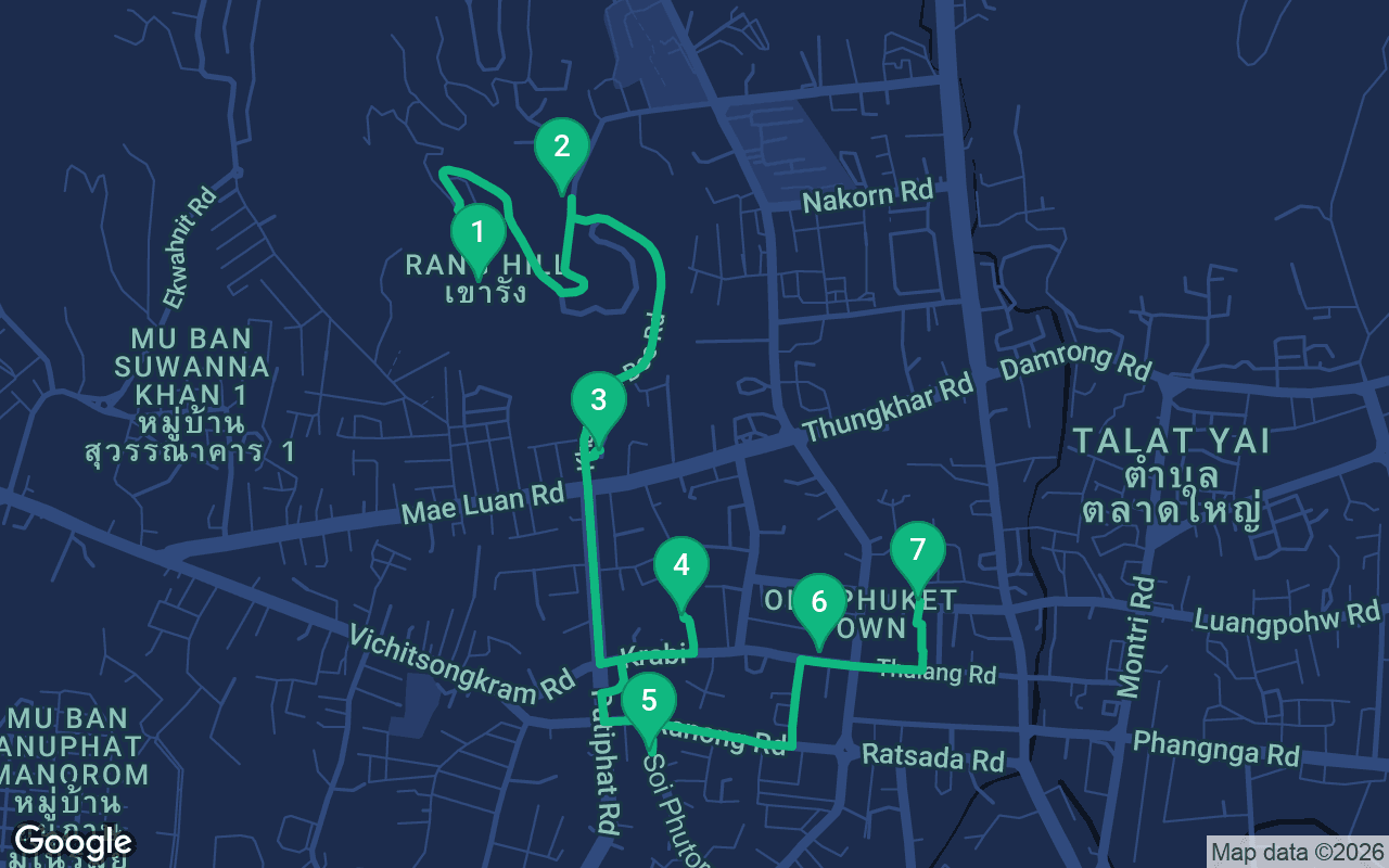 Map of the walking route through Phuket Old Town, Thailand
