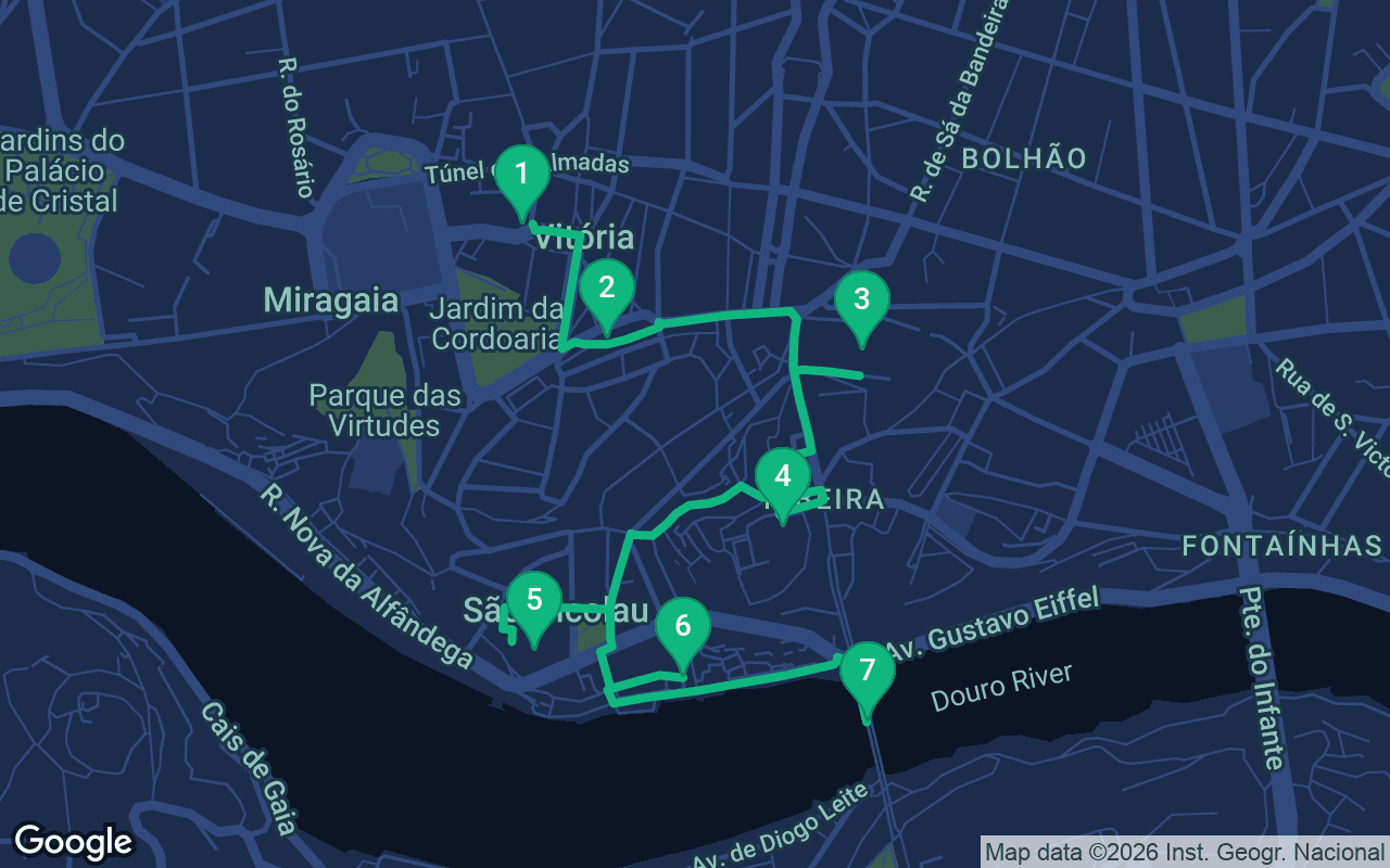 Map of the walking route through Porto, Portugal
