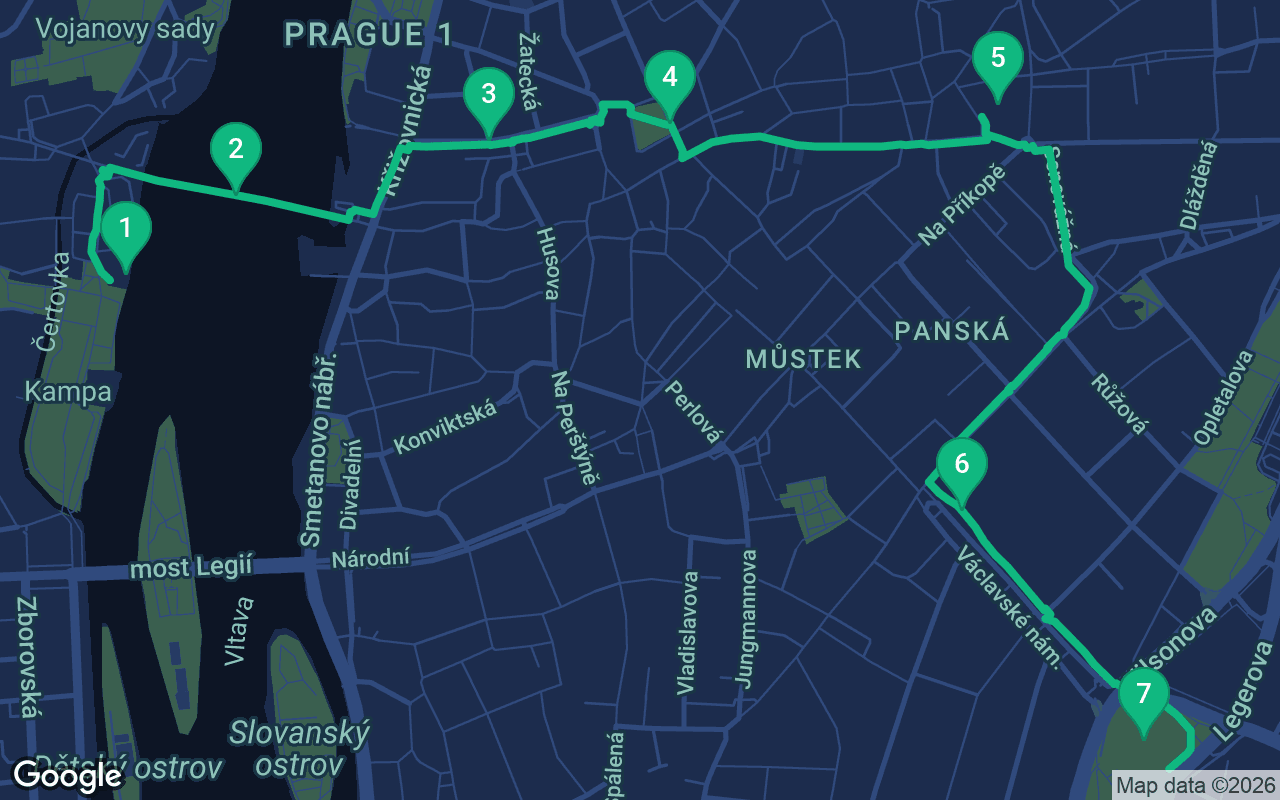 Map of the walking route through Prague, Czech Republic