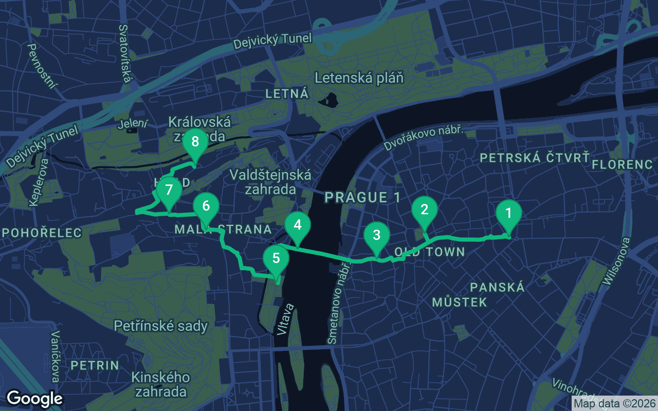 Map of the walking route through Prague, Czech Republic