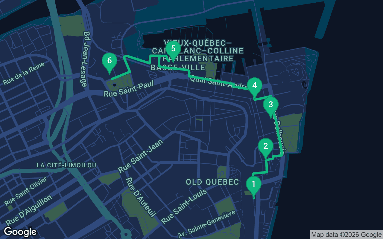 Map of the walking route through Quebec City, Canada