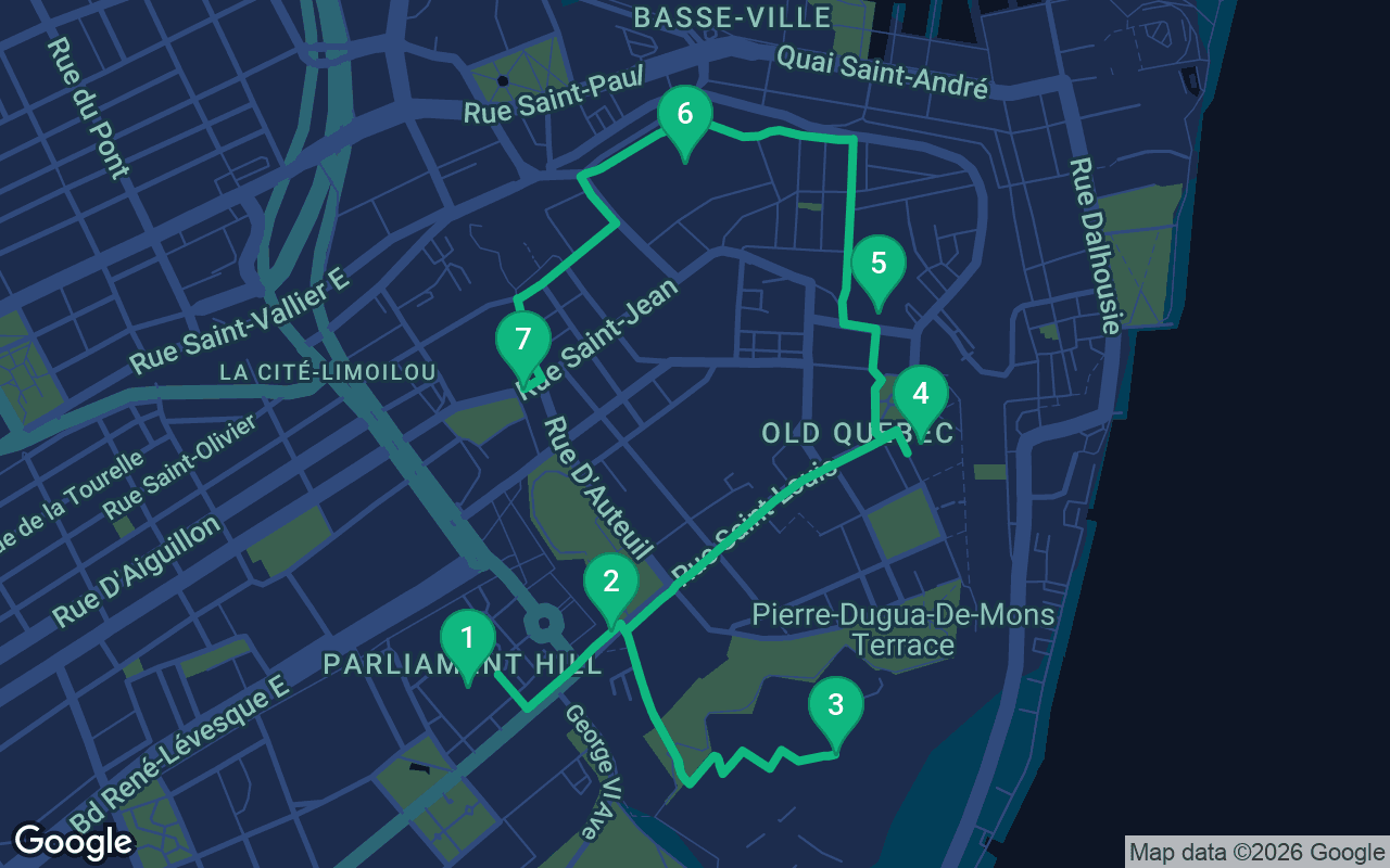 Map of the walking route through Quebec City, Canada