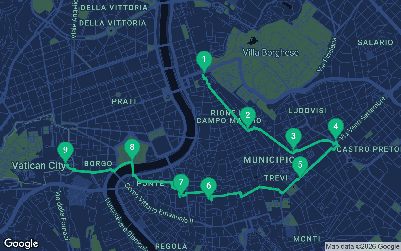 Map of the walking route through Rome, Italy