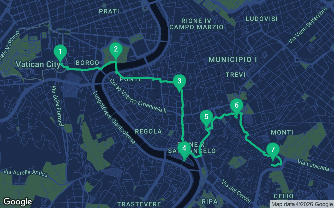 Map of the walking route through Rome, Italy
