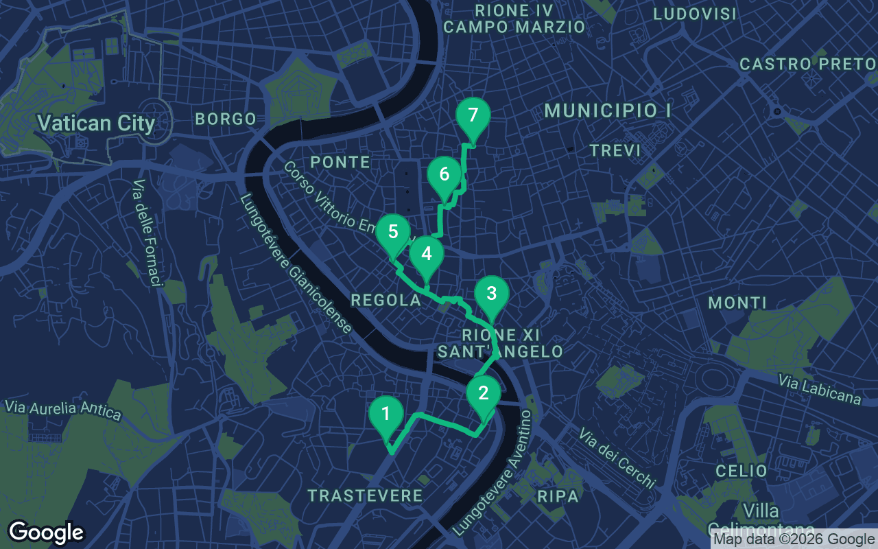 Map of the walking route through Rome, Italy