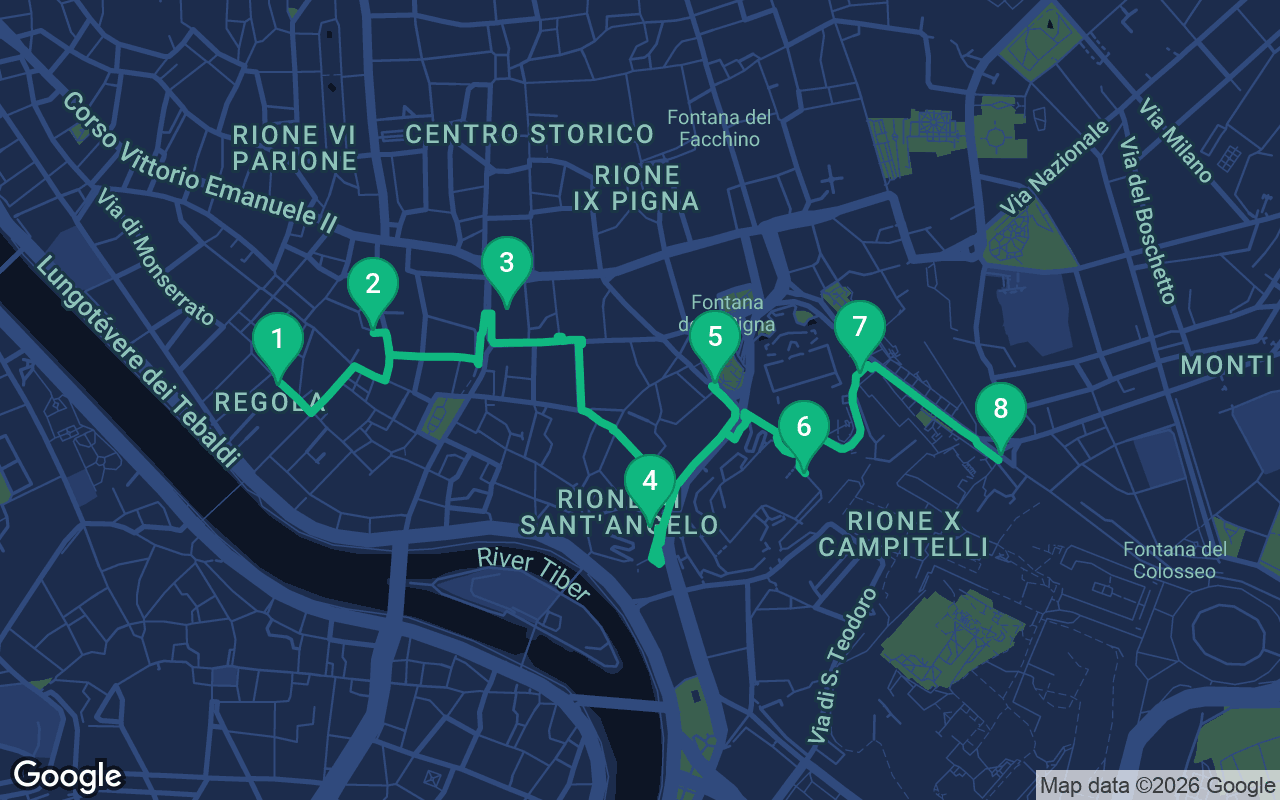 Map of the walking route through Rome, Italy