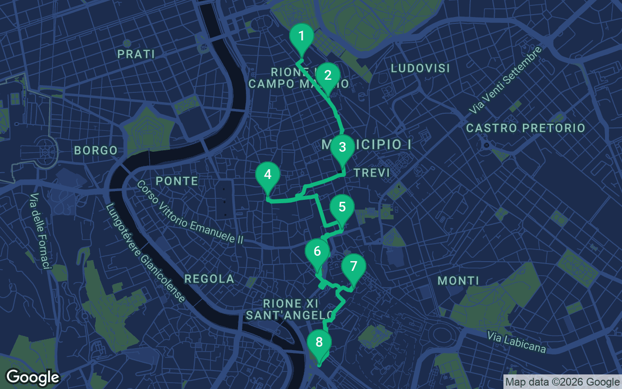 Map of the walking route through Rome, Italy