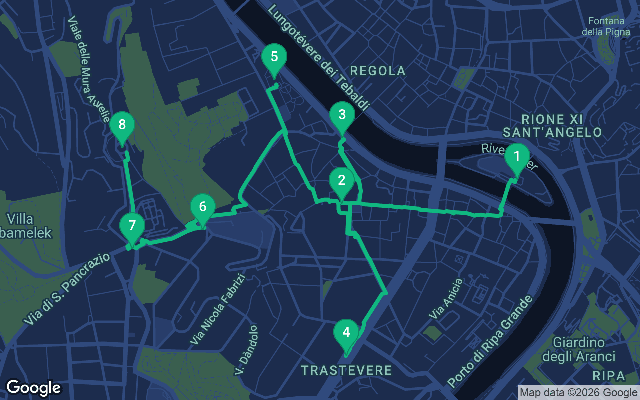 Map of the walking route through Rome, Italy