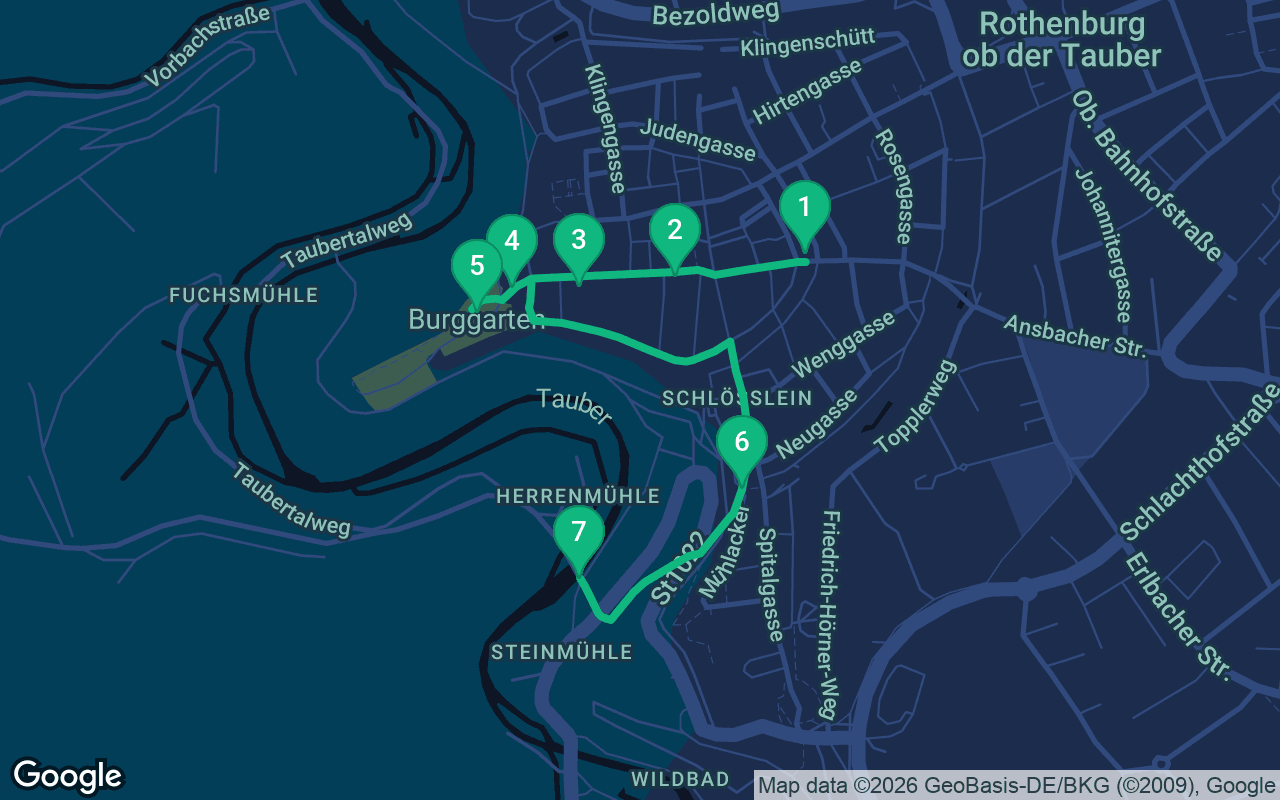 Map of the walking route through Rothenburg ob der Tauber, Germany