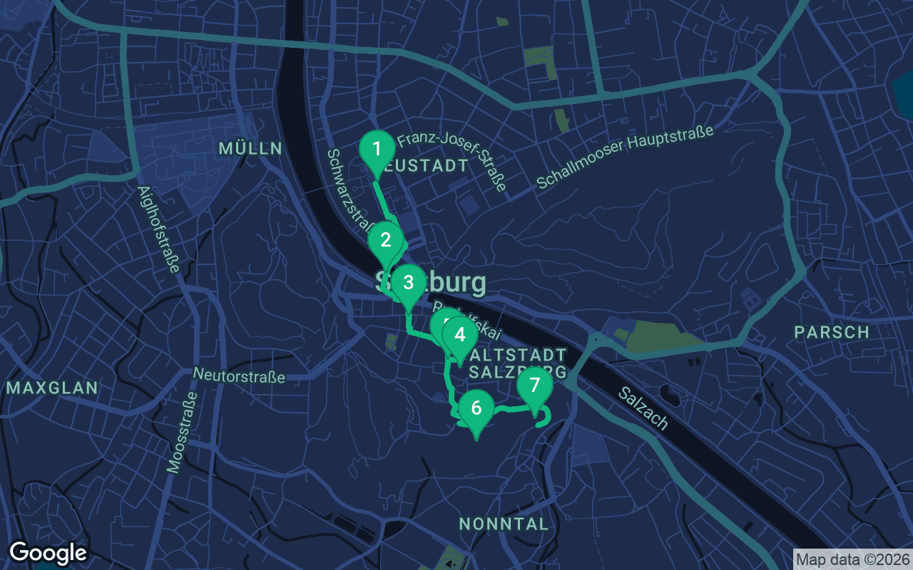 Map of the walking route through Salzburg, Austria