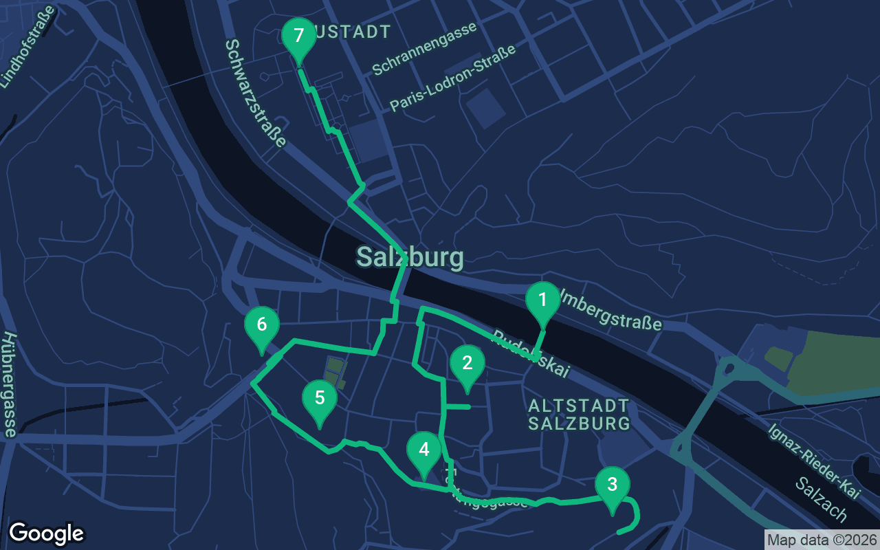 Map of the walking route through Salzburg, Austria