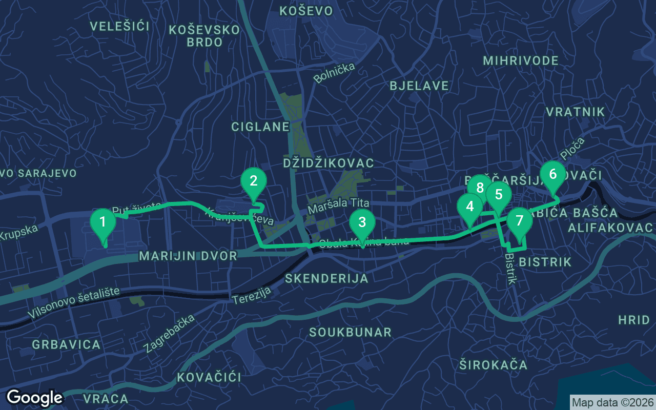 Map of the walking route through Sarajevo, Bosnia and Herzegovina
