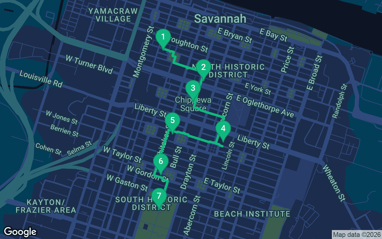 Karte der Spazierroute durch Savannah, United States