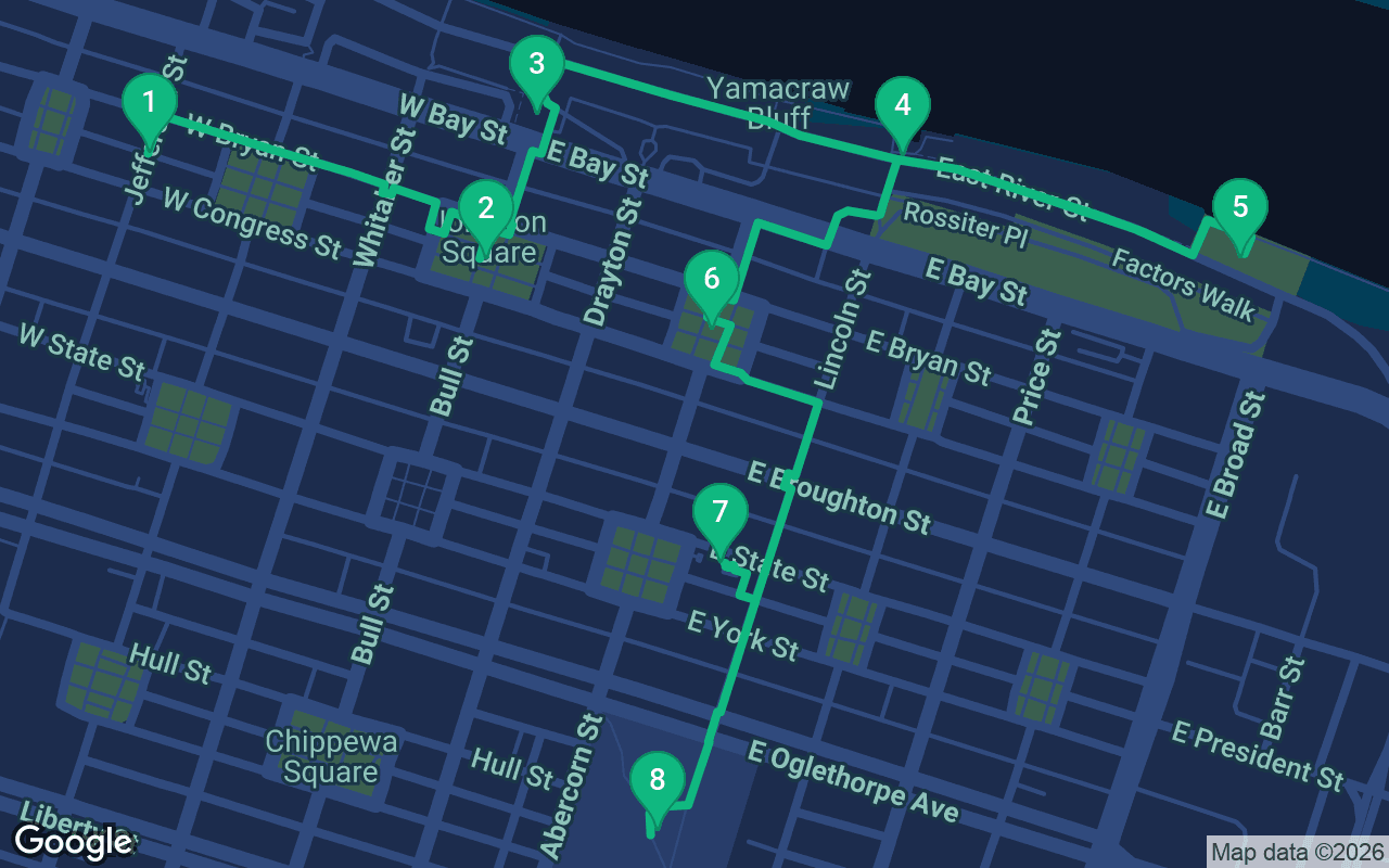 Map of the walking route through Savannah, United States